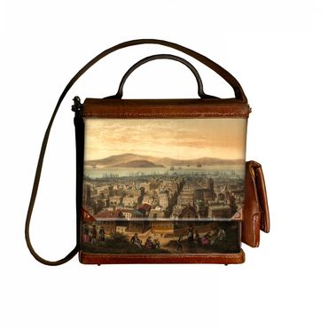 Birdseye view of San Francisco painted to make the city appear clean and pastoral during a time when