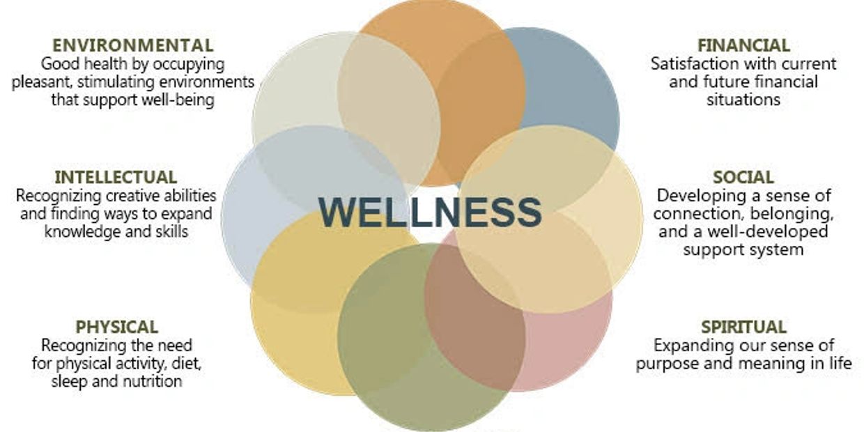Diagram illustrating seven dimensions of wellness including environmental, financial, social, spiritual, physical, intellectual.