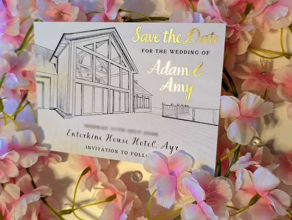 Gold foil Save the date with venue sketch of Enterkine house hotel in Ayr