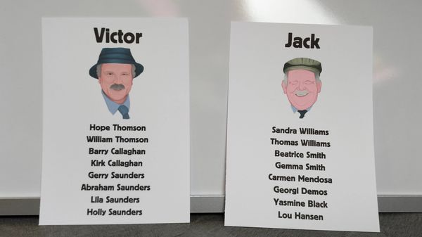 jack and victor from still game as table names with guest names underneath