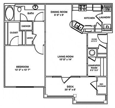 A spacious layout of a 1 bedroom apartment home at Columbus Park has an outdoor deck