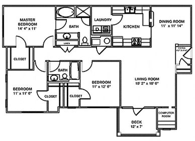 A spacious three bedroom apartment home at Columbus Park which has a computer room and deck