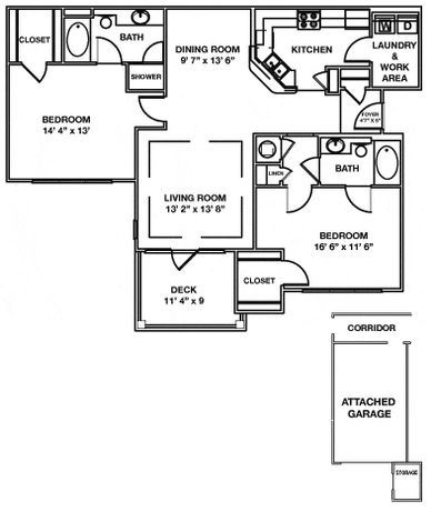 A two bedroom apartment home at Columbus Park that features an attached garage and a deck