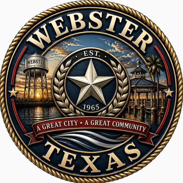 Webster, Texas emblem featuring its water tower, waterfront heritage and community landmarks.