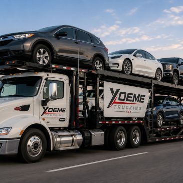 Car carrier truck transporting multiple vehicles on highway.