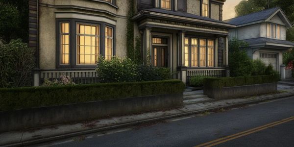 Cozy house exterior with warm lights and lush greenery at dusk.