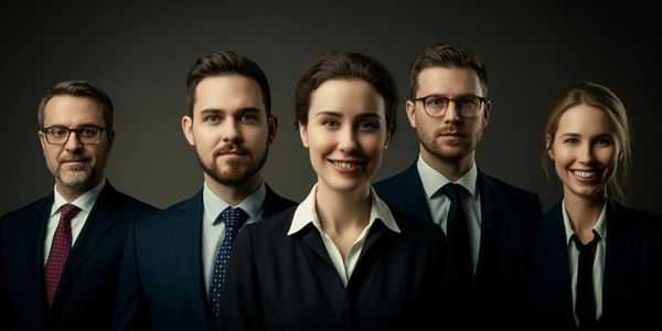 Group of five professionally dressed businesspeople posing confidently.