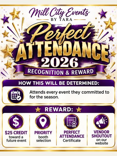 Flyer for Mill City Events Perfect Attendance 2026 rewards.