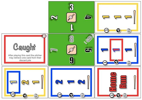 A set of baseball-themed game cards with scores and special actions.