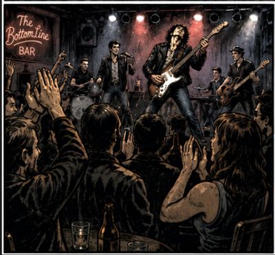 Band performing energetically in a bar with an engaged crowd.