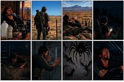 A man faces desert dangers and night terrors in a comic sequence.