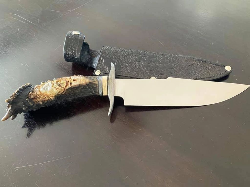 My third Bowie - Stainless steel CPM-154CM - The handle was carved by another artist, it has Narwhal
