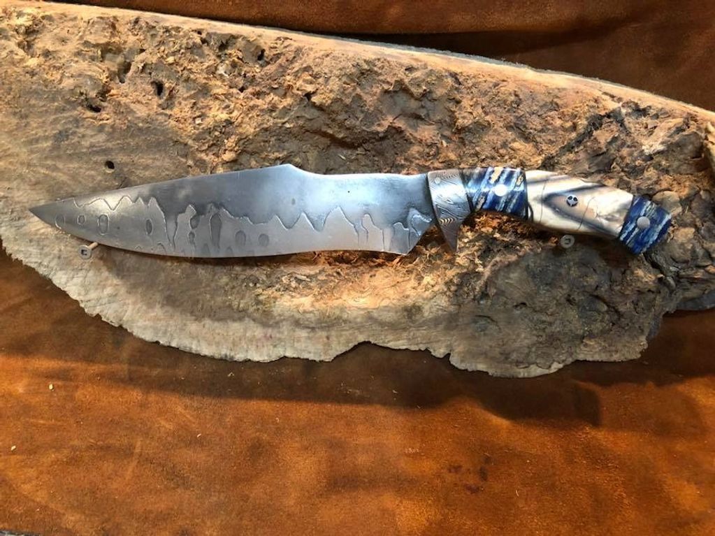 San-mai bowie - Mammoth Tooth and Tusk scales, Damascus Bolster - this is my second Bowie.