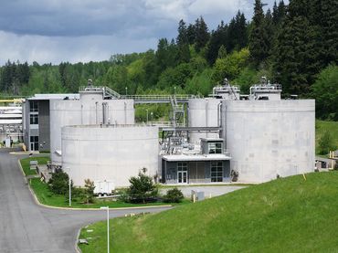 Drone photo of water treatment plant and infrastructure tanks.