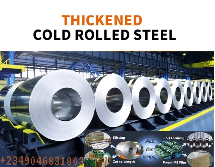 Coils of thickened cold rolled steel in an industrial setting.