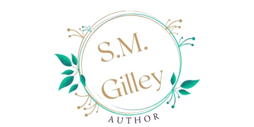 Elegant author logo with gold text and green leaves.