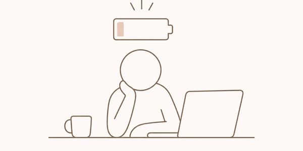 Person feeling drained with low battery symbol above.