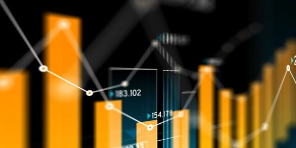 Abstract financial graph with orange bar charts and white trend lines on a dark background.