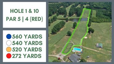 Aerial view of golf holes 1 and 10 with yardage and par details.