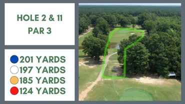 Aerial view of golf holes 2 and 11, par 3, with yardage details and green outline.