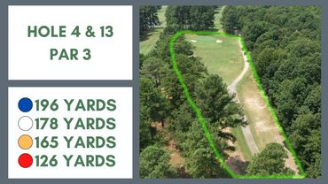 Aerial view of Hole 4 & 13 par 3 golf course with yardage details.