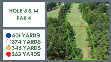 Aerial view of Hole 5 & 14 par 4 golf course with yardage details.