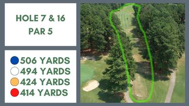 Aerial view of Hole 7 & 16 par 5 golf course with yardage details and highlighted fairway.