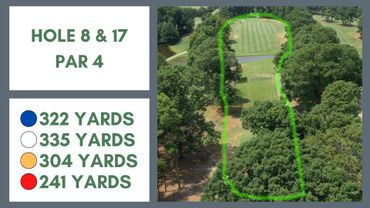 Aerial view of golf hole 8 & 17, par 4, with yardage details and fairway outlined in green.