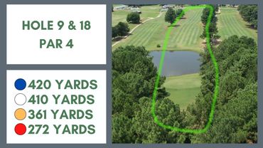 Golf course layout showing hole 9 and 18, par 4, with yardage options.