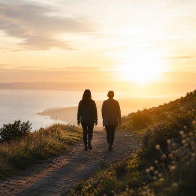 Two people walking on a path with a sunrise in the distance