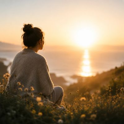 Person sitting on a mountainside looking at the sunrise