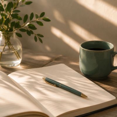 Notebook with pen on a desk with light shining in