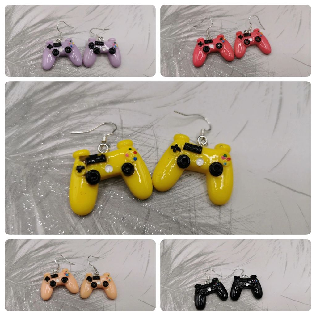 Colorful game controller earrings in five colors.