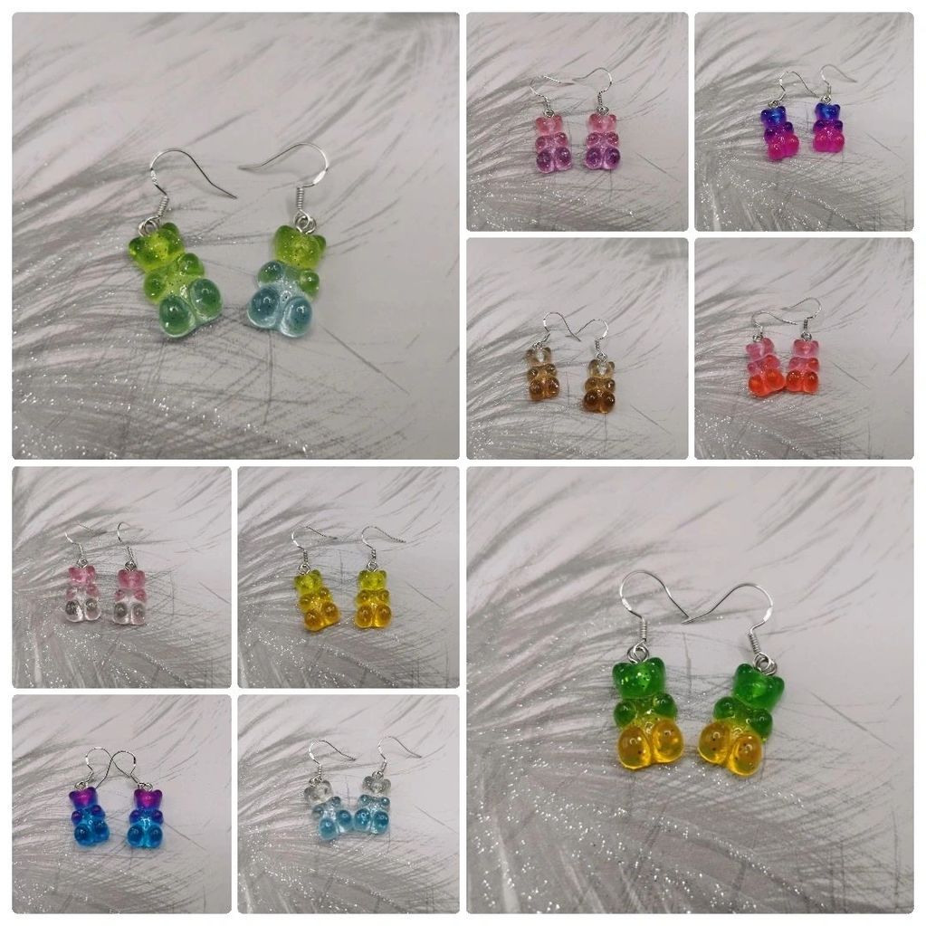 Colorful gummy bear earrings in various color combinations.