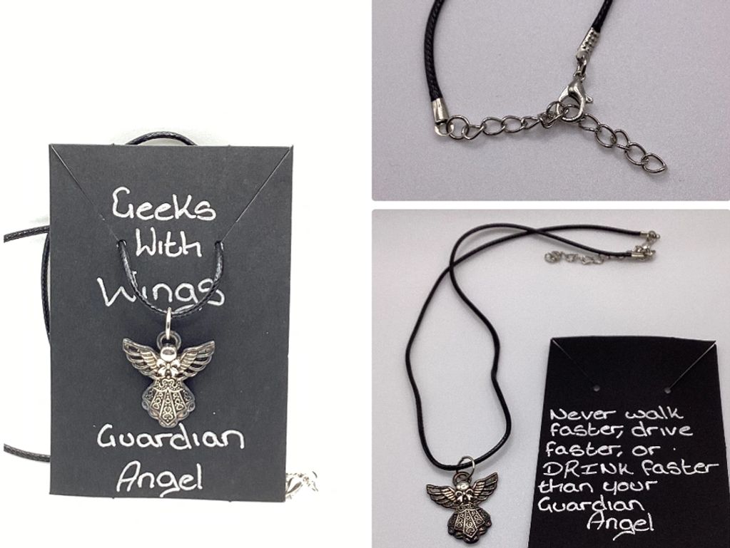 Guardian angel necklace on black cord with inspirational message.