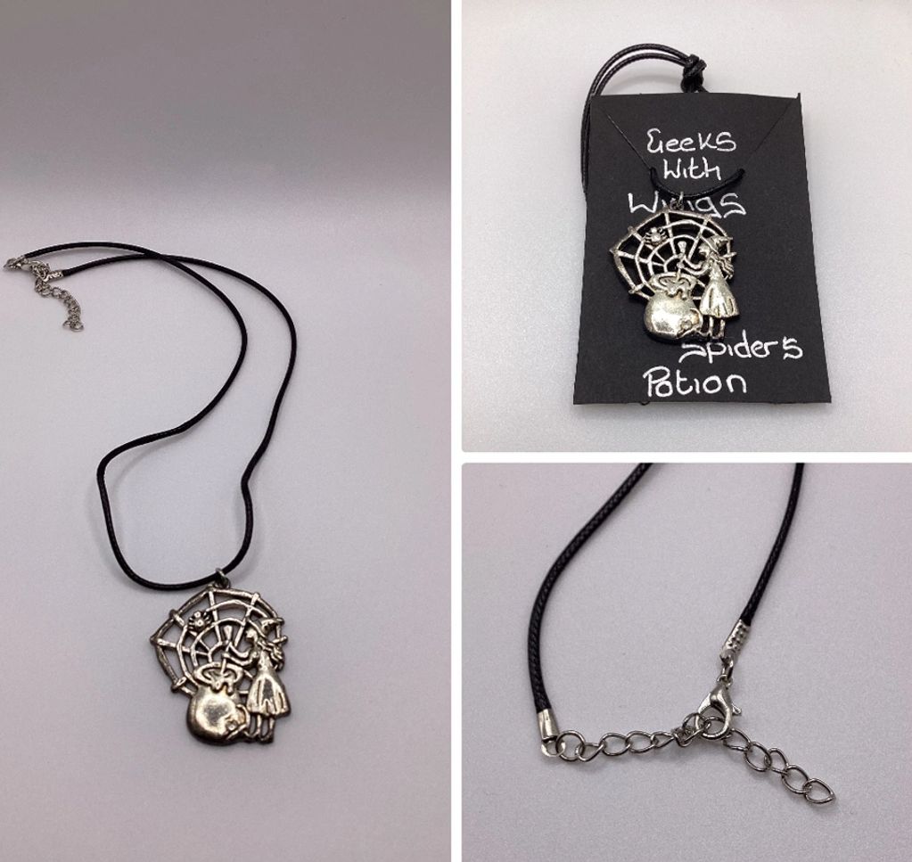Witch-themed spider web necklace with potion charm.