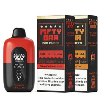 Fifty Bar vape device and boxes with cinnamon funnel cake flavor.