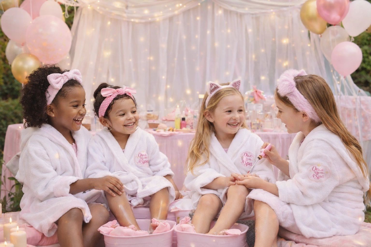 children's spa party in London with children smiling in robes and hand pink bands
