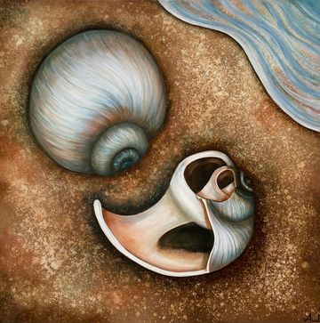 Artistic depiction of seashells on a textured sandy surface.