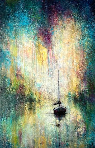 A lone boat on a vibrant, textured water surface with abstract colors.