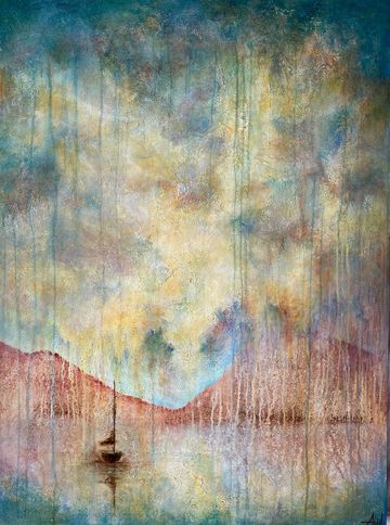 Abstract painting of a boat on calm water with mountains and a colorful sky.