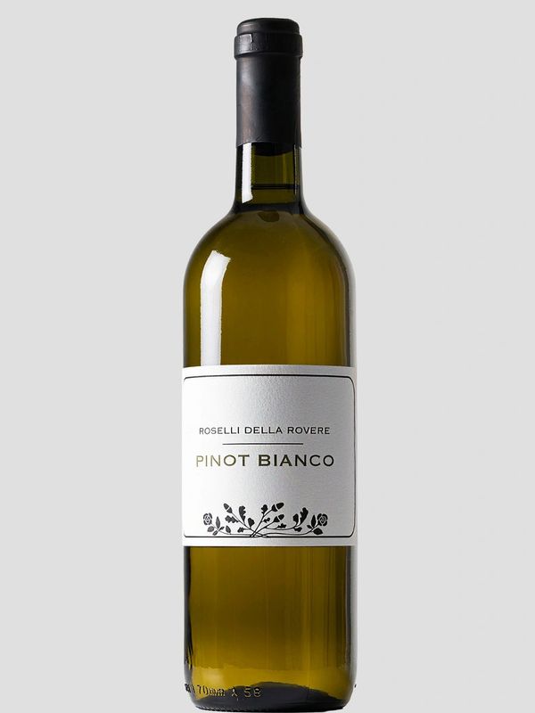 A bottle of Roselli Della Rovere Pinot Bianco white wine with a simple label.
