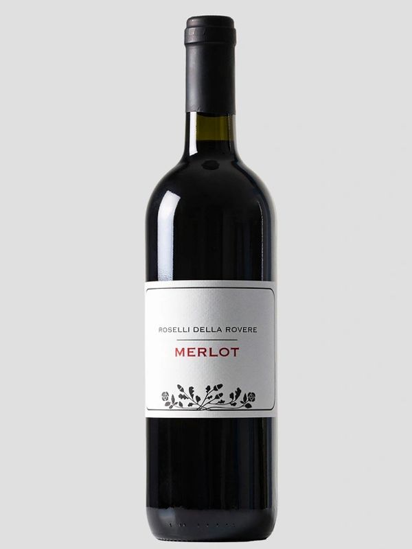 A bottle of Roselli Della Rovere Merlot wine with a simple white label.