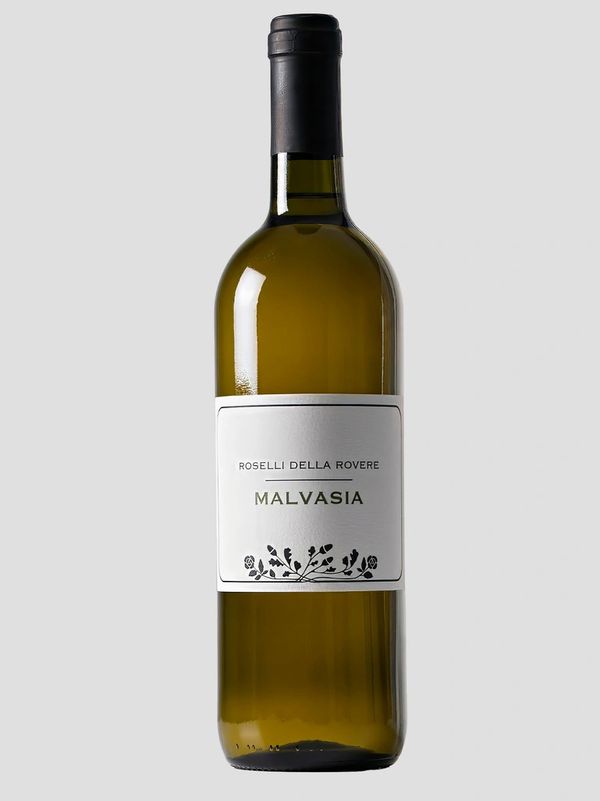 Bottle of Roselli Della Rovere Malvasia white wine with a simple label.