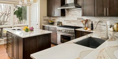 Modern gourmet kitchen. Kenmure, Flat Rock NC. Cambria quartz countertops, KitchenAid cabinets.