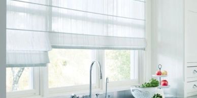 Designer Hunter Douglas soft window coverings and Roman shades in Hendersonville NC kitchen