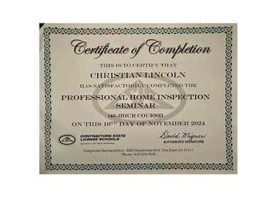 California State Licensing School Certified Home Inspector, 30 years licensed contracting.
