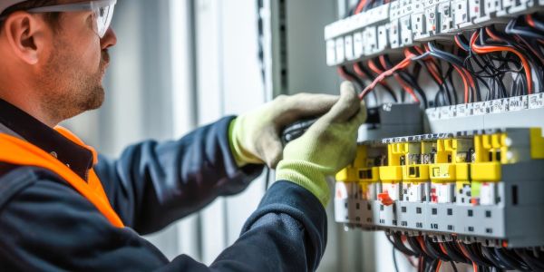 Electrician working on a circuit breaker panel wearing gloves and safety gear.
