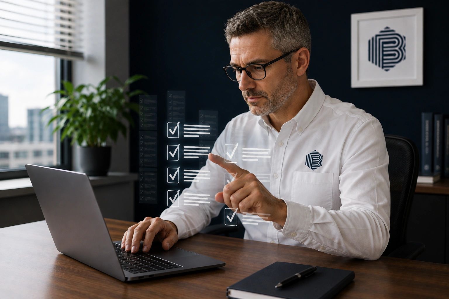 Man using laptop with virtual checklist interface.