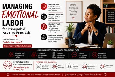 Infographic on managing emotional labor for principals with practical self-care tips and leadership advice.